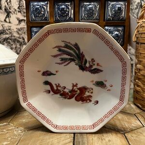RARE Vintage Handpainted Octagonal Red Dragon, Firebird Bowl, Porcelain, Japan